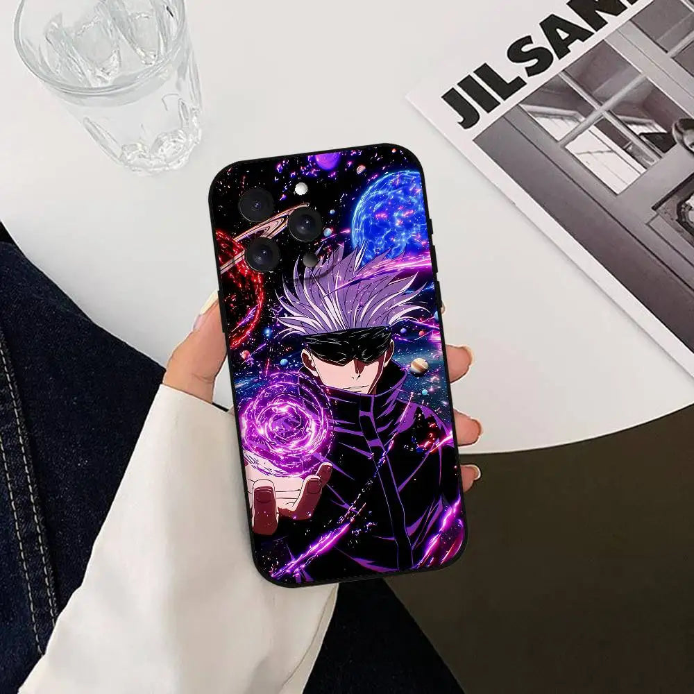 Coque iPhone noire Jujutsu Kaisen, illustration violette Gojo Satoru