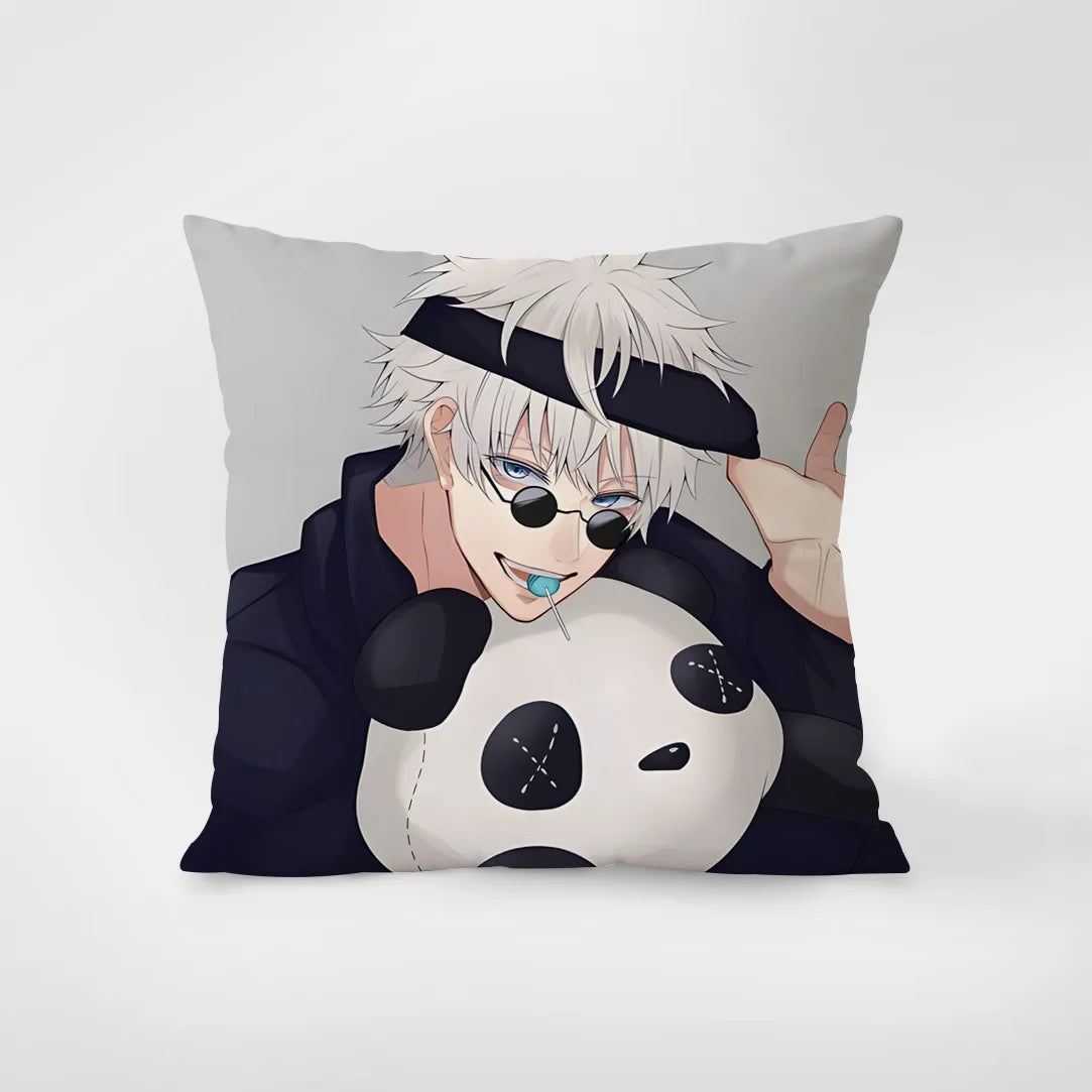 Coussin carré en peluche avec illustration animée panda et personnage aux cheveux blancs