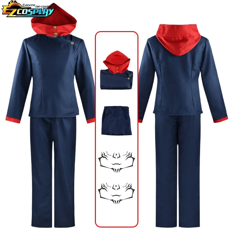 Ensemble costume cosplay homme: veste et pantalon bleu marine, capuche rouge, perruque