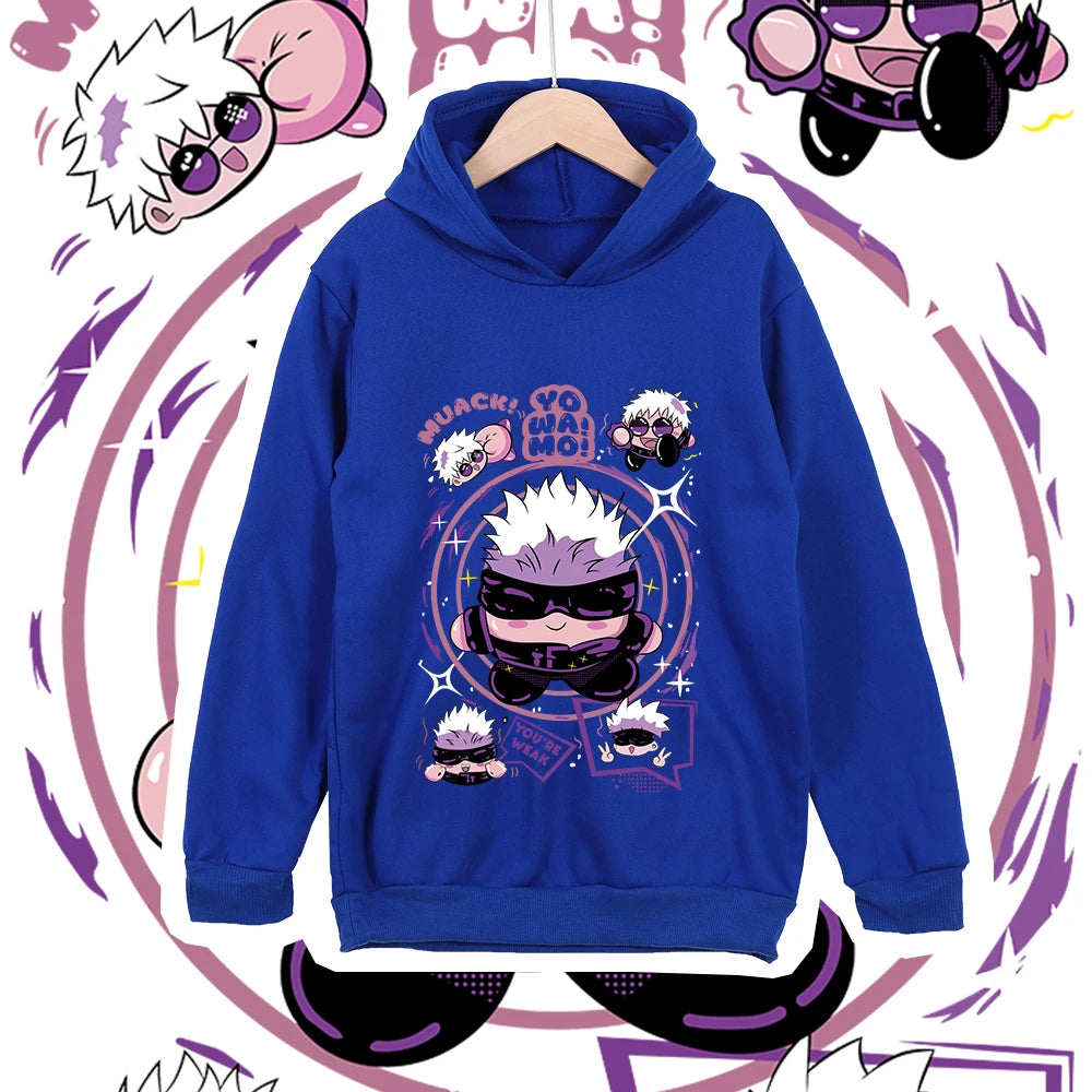 Hoodie bleu à capuche, imprimé manga au centre, manches longues