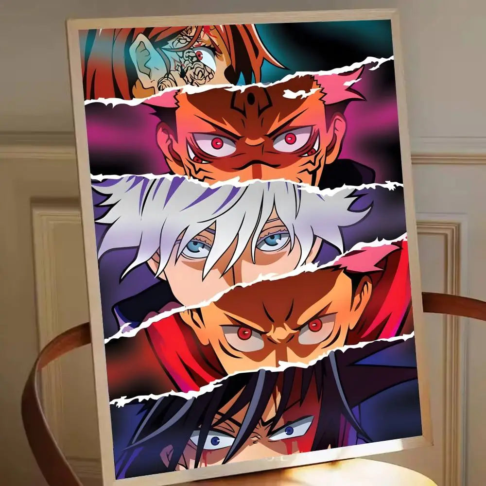 Affiche encadrée avec personnages manga, déchirures en bandes verticales et visages