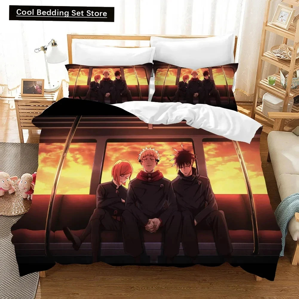 Parure de lit avec housse et taies, personnages Jujutsu Kaisen, coucher de soleil rouge/orange