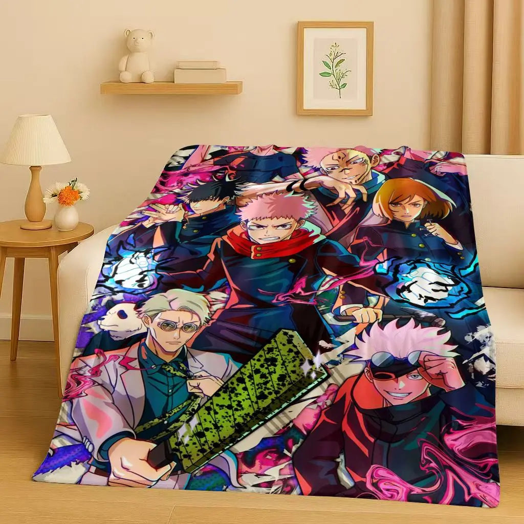 Plaid en tissu avec personnages animés Jujutsu Kaisen, motifs mosaïque colorés.