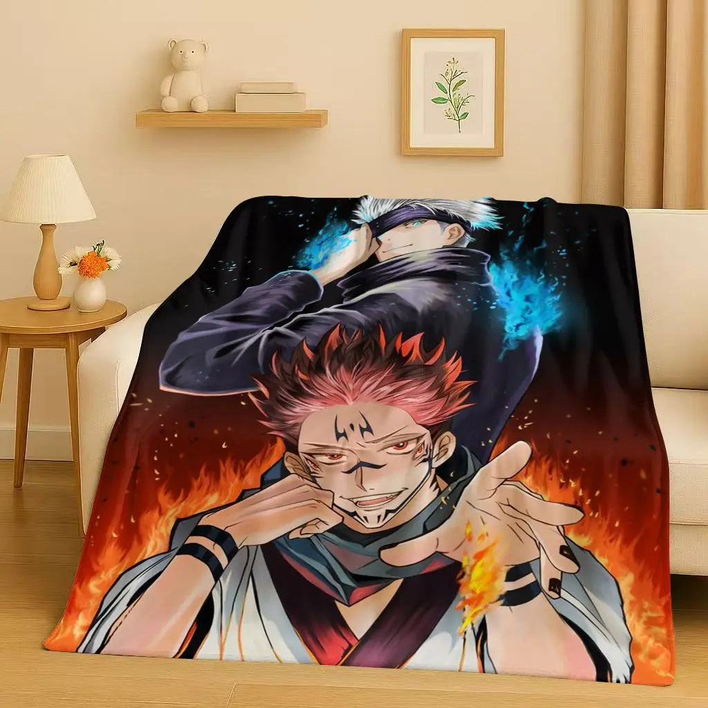 Plaid rectangulaire noir avec personnage anime, flammes bleues et orange