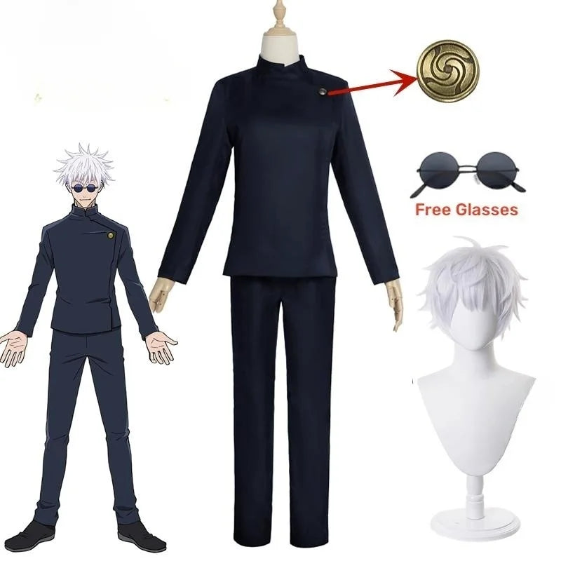 Ensemble costume sombre : veste à col montant, pantalon long et perruque blanche