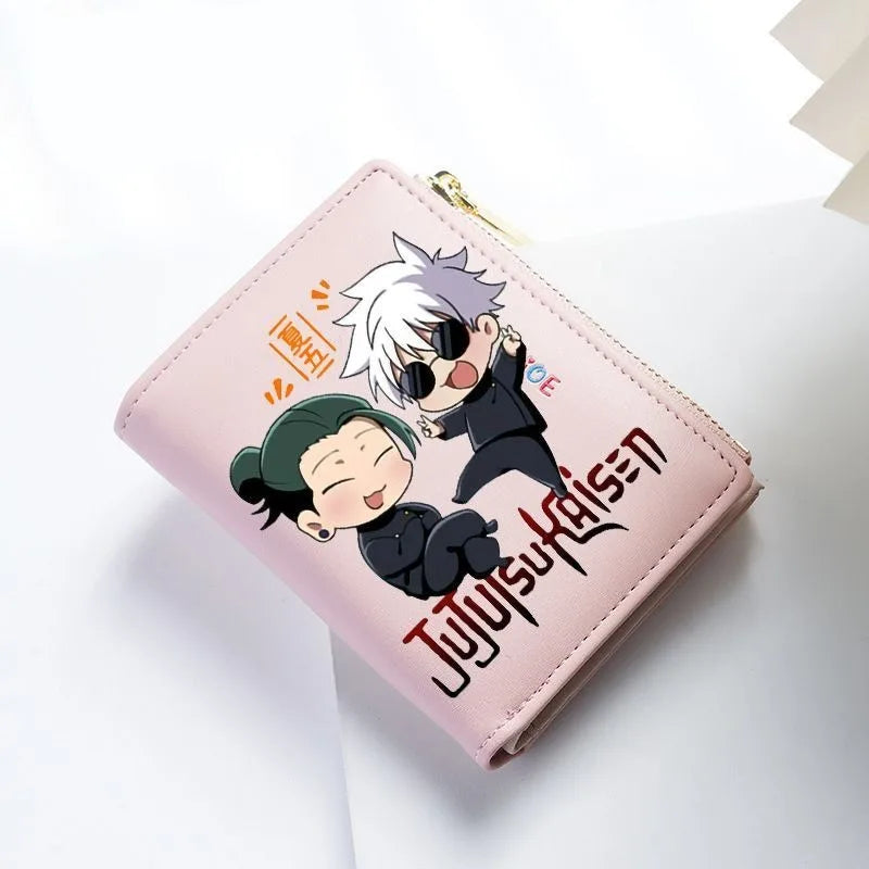 Portefeuille chibi rose à fermeture zippée dorée, illustration Gojo et Geto.