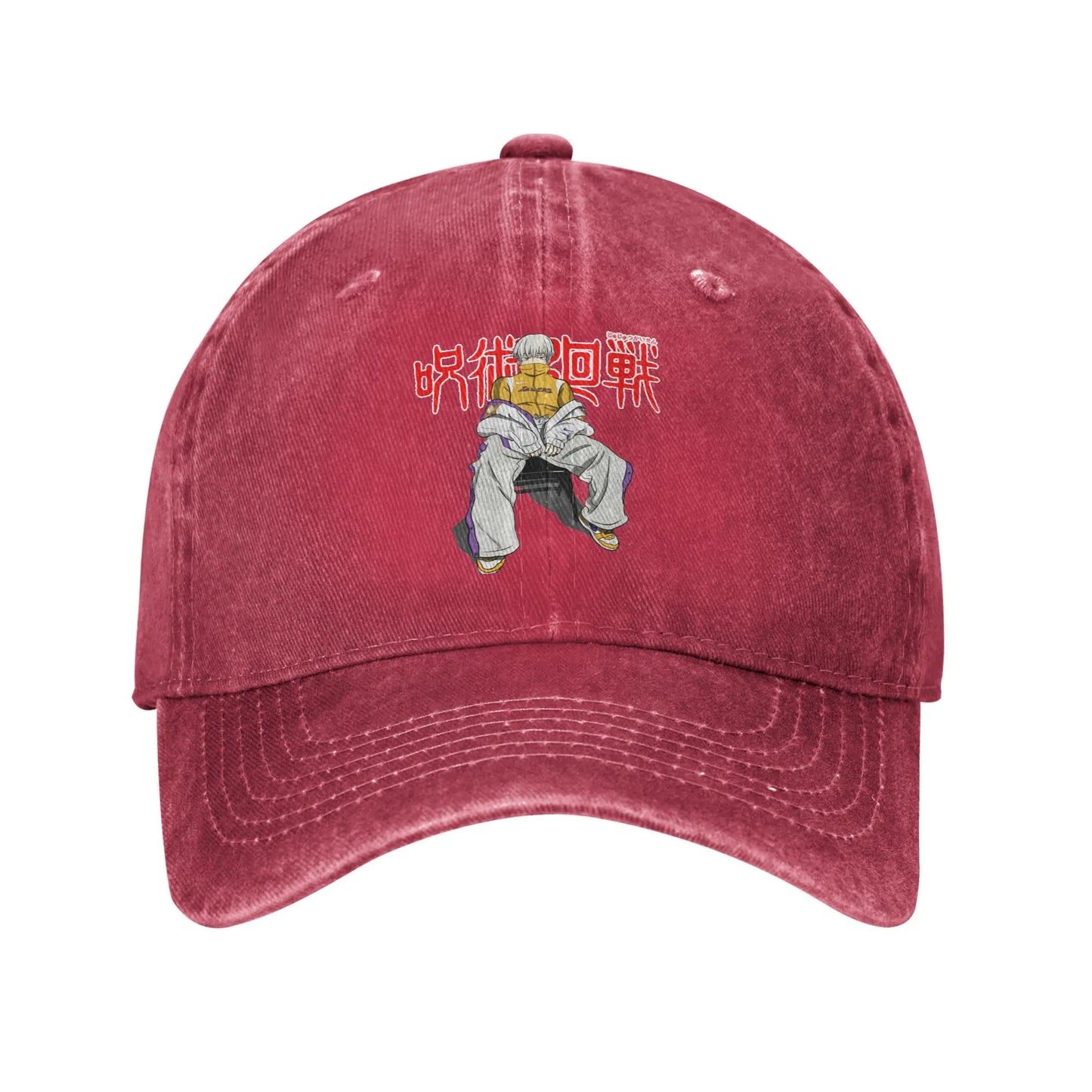 Casquette en denim rouge brodée Toge Inumaki Premium, visière et coutures apparentes