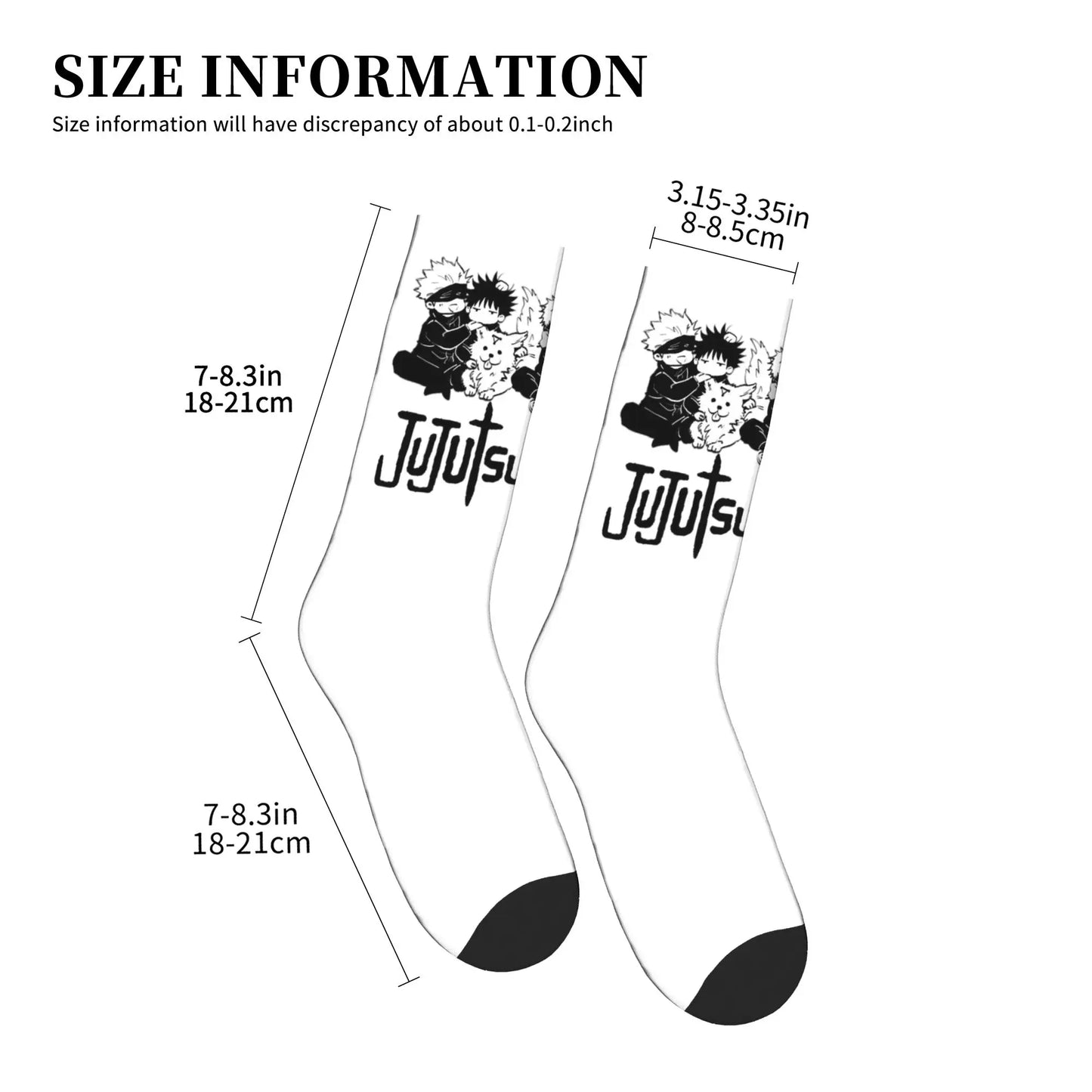 Guide des tailles: chaussettes blanches Jujutsu Kaisen, 18–21 cm et 8,5–8,8 cm