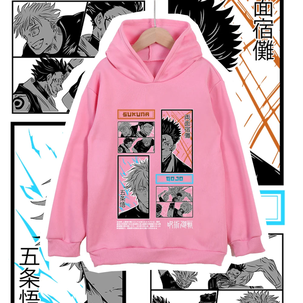Hoodie rose clair à capuche, grand visuel manga sur la poitrine, manches longues