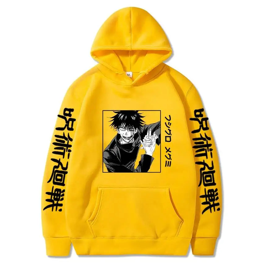 Hoodie jaune à capuche avec imprimé Megumi Fushiguro sur le devant