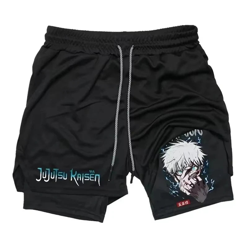 Short noir à cordon, texte Jujutsu Kaisen vert et portrait blanc sur la jambe