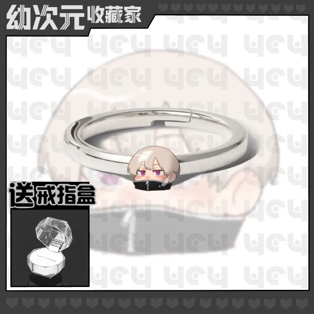 Bague en métal argenté avec tête chibi cheveux blancs et bandeau noir