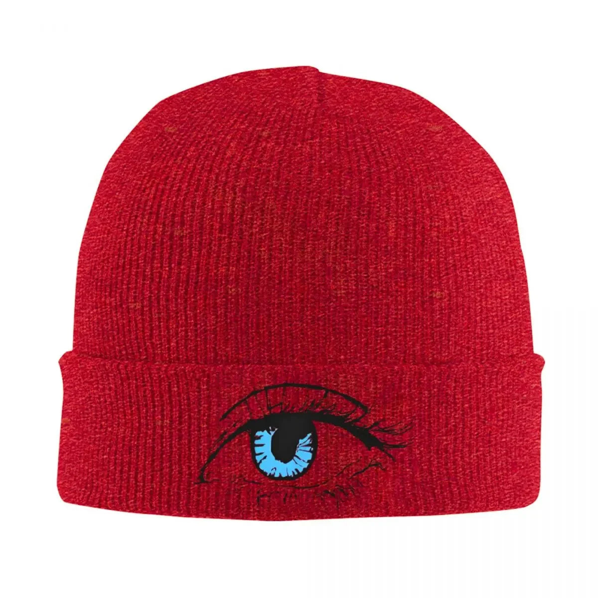 Bonnet rouge en maille côtelée avec œil bleu brodé sur le revers
