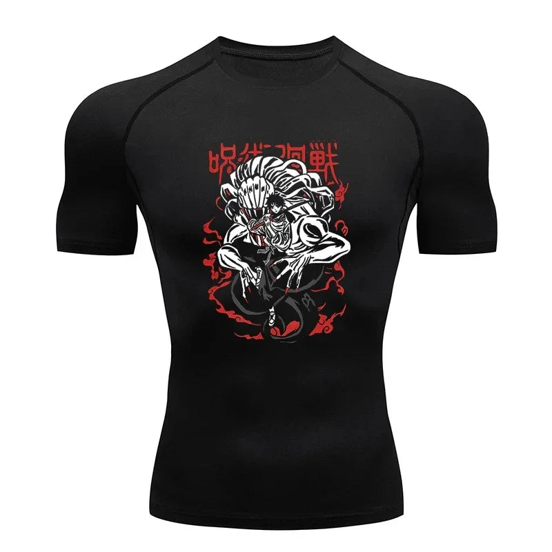 Black compression T-shirt with short sleeves and bold white-and-red character graphic