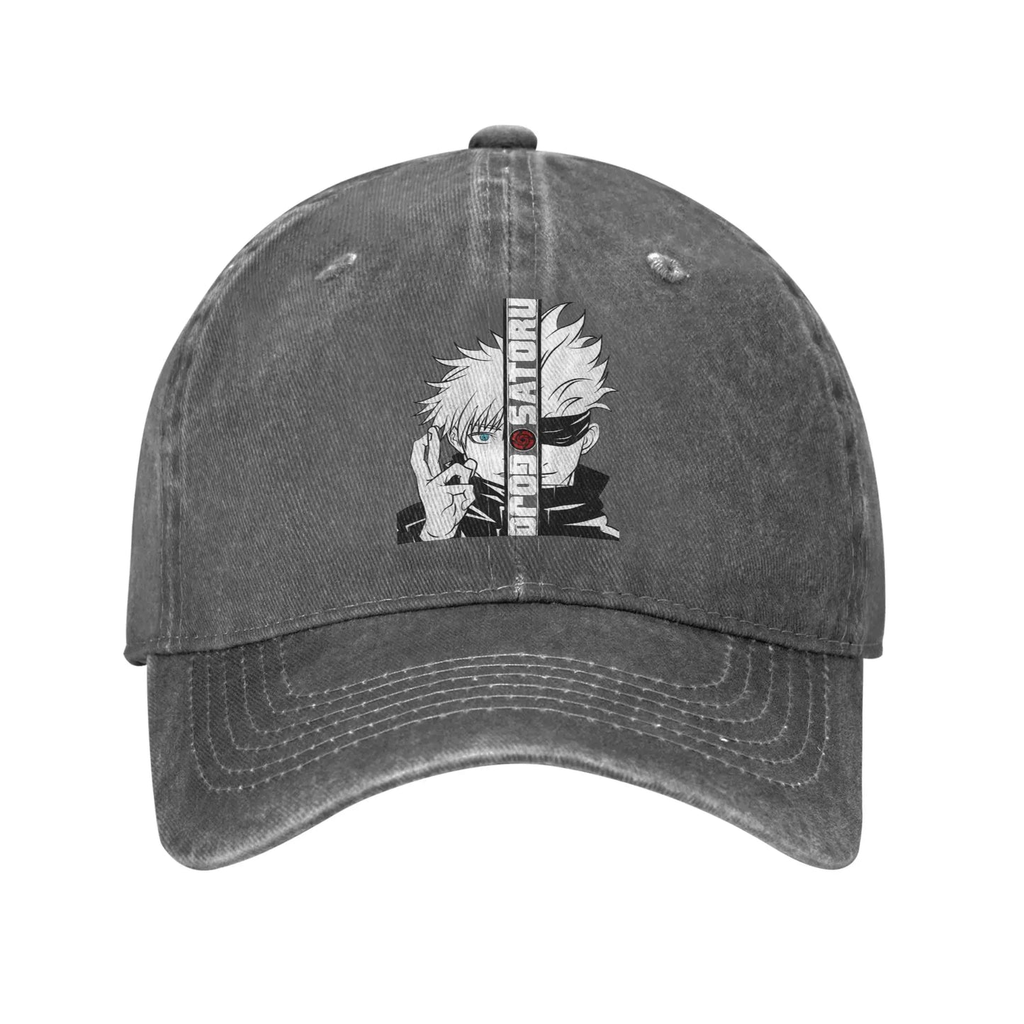Casquette en jean gris délavé, coutures visibles, écusson central Jujutsu Kaisen