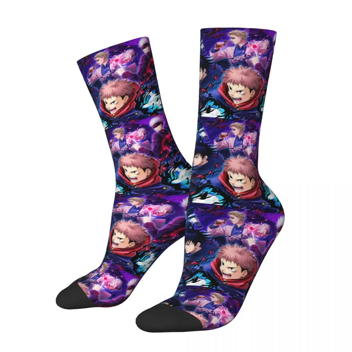 Chaussettes violet à motif personnage animé, collage multicolore et pointes noires.