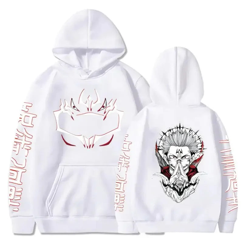 White pullover hoodie with front and back Sukuna character graphic, hood and pouch pocket