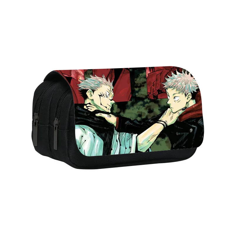 Trousse noire zippée avec illustration Jujutsu Kaisen de Sukuna et Yuji