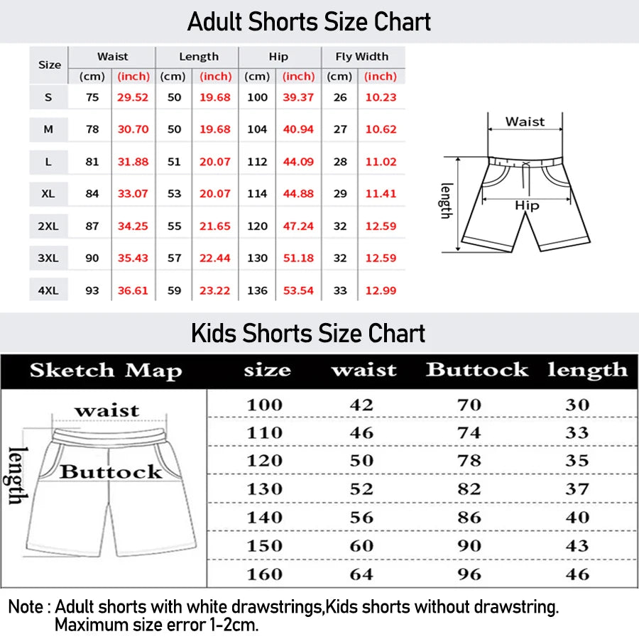 Adult and kids shorts size chart with waist, length, hip, and fly width measurements