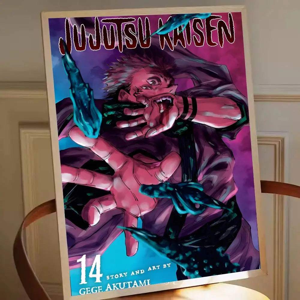Affiche Jujutsu Kaisen violet avec personnage anime tenant des armes bleues