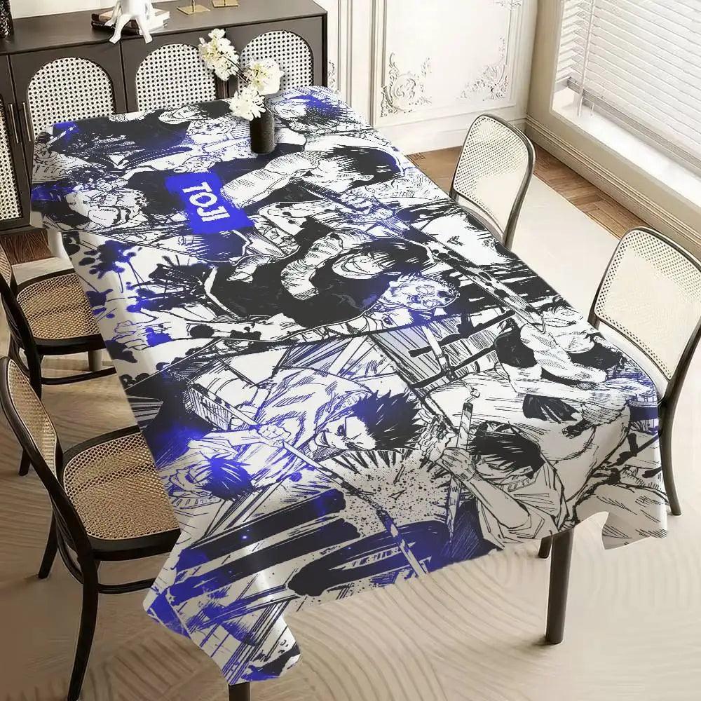 Nappe style manga bleu et noir avec personnages et motifs graphiques