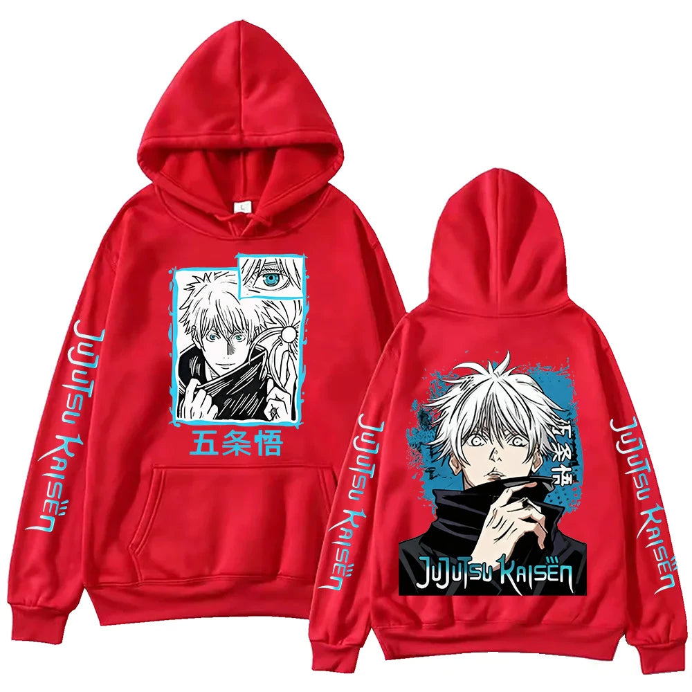 Sweat à capuche rouge Jujutsu Kaisen, imprimé Gojo sur devant, poche kangourou