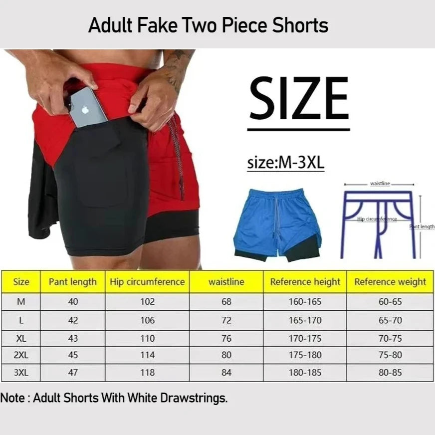 Size chart for adult fake two-piece shorts, M–3XL measurements shown