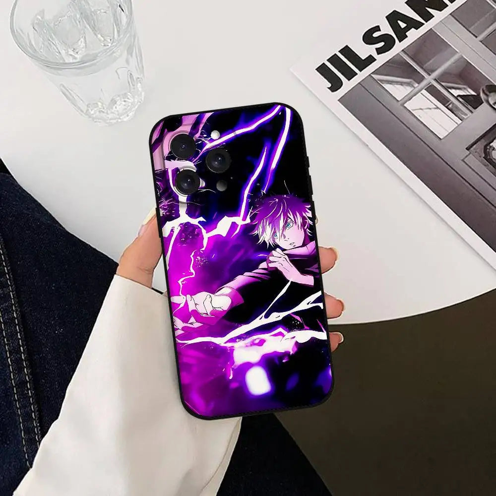 Coque iPhone Jujutsu Kaisen Gojo Satoru avec motif violet éclairs