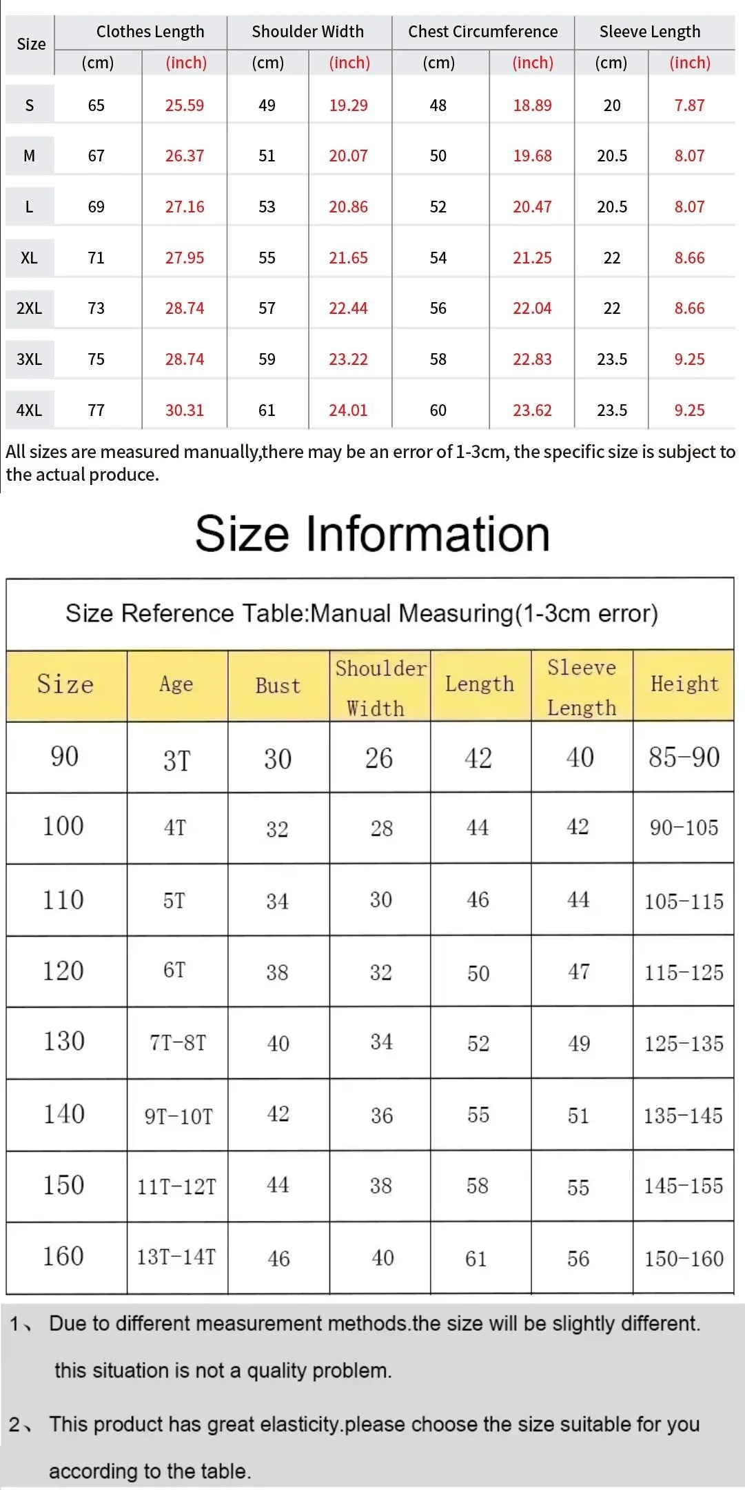 Size chart for T-shirt: clothes length, shoulder width, chest and sleeve measurements