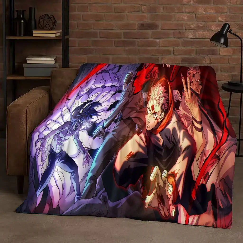 Plaid en tissu avec illustration animée rouge et violette, personnages Jujutsu Kaisen
