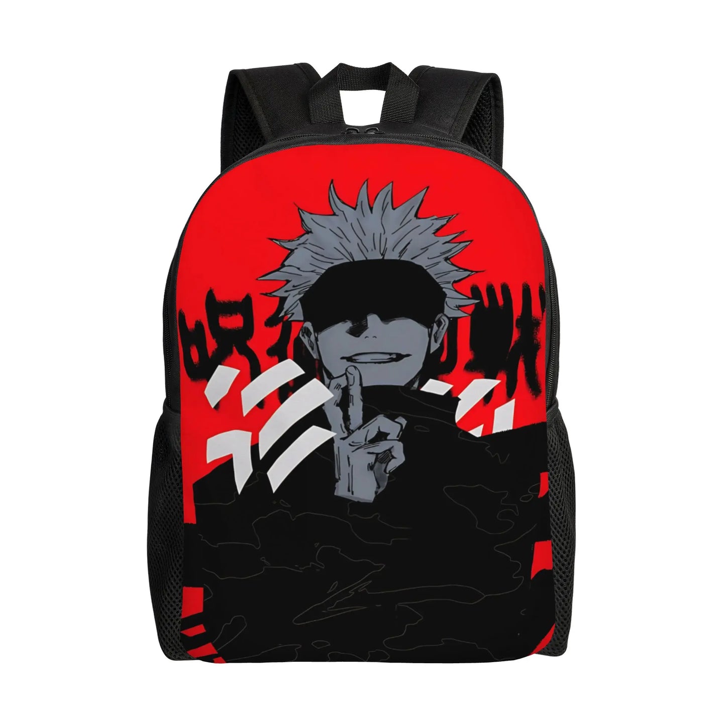 Sac à dos rouge et noir avec visuel manga sur la poche avant