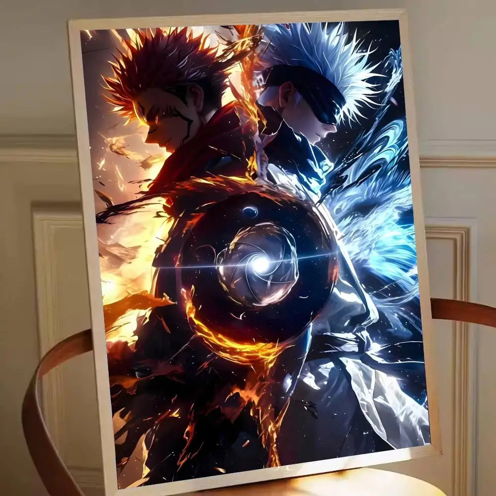 Affiche encadrée avec deux personnages animés, effet feu et glace en contraste.