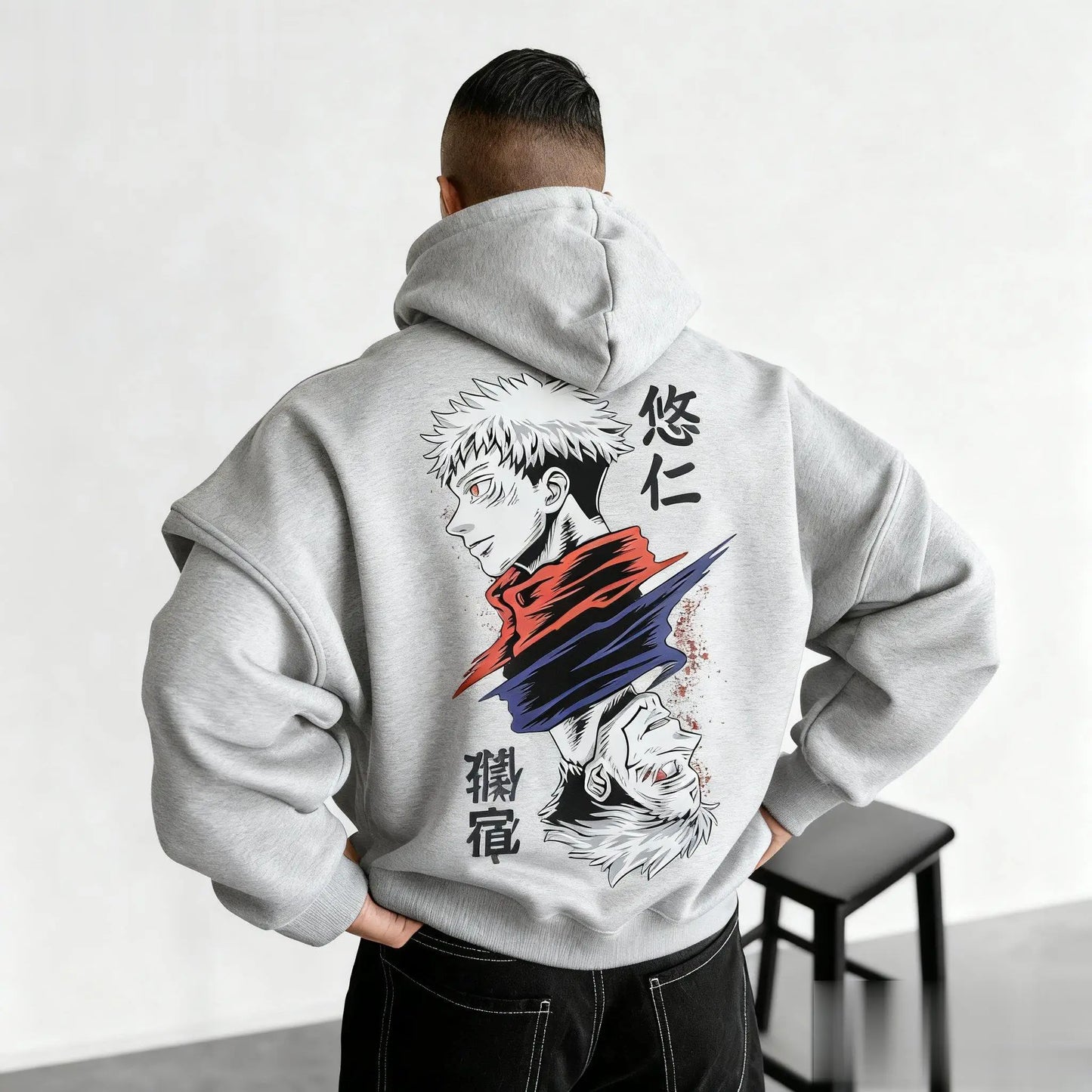 Light gray hoodie back print with Sukuna character and red/blue flame graphic with text