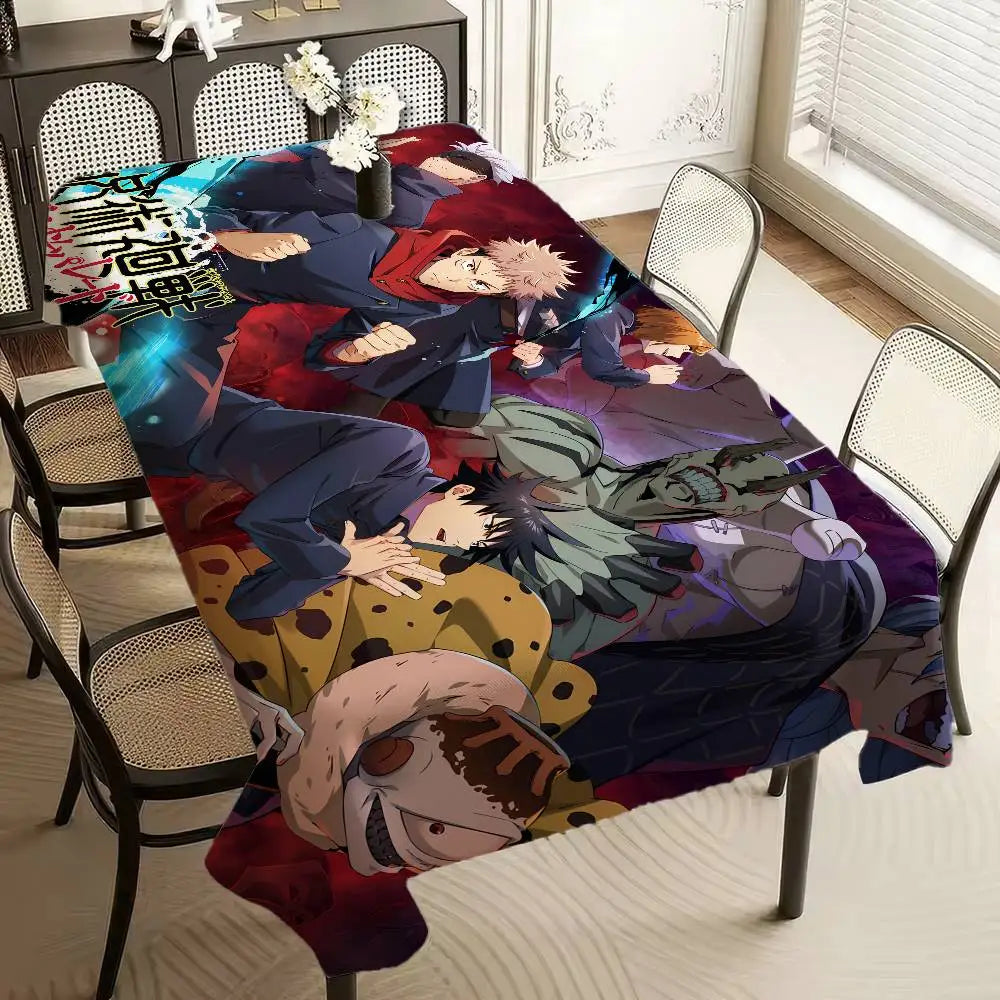 Nappe en tissu rectangulaire bleu et rouge avec personnages animés au centre.