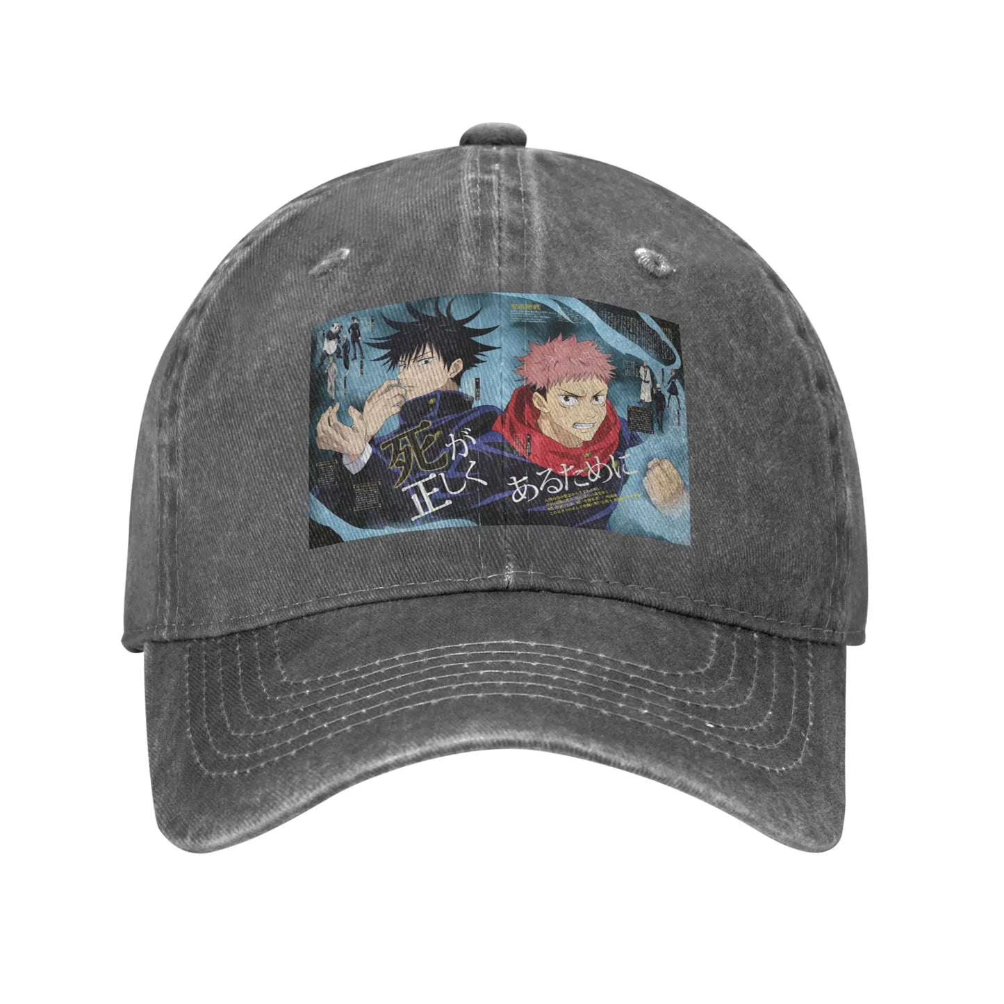 Casquette denim gris foncé, visière courbe, grand imprimé personnages anime