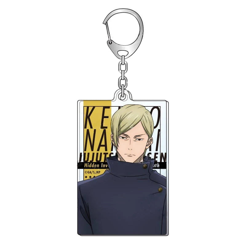 Porte-clé rectangulaire en métal avec portrait de Kento Nanami, chaîne et anneau argentés.