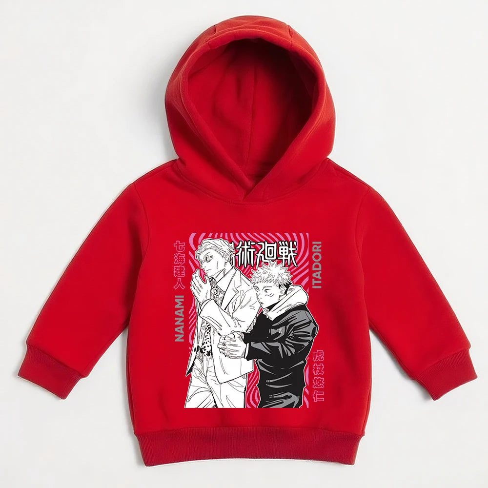 Pull à capuche rouge avec imprimé Itadori et Nanami sur la poitrine