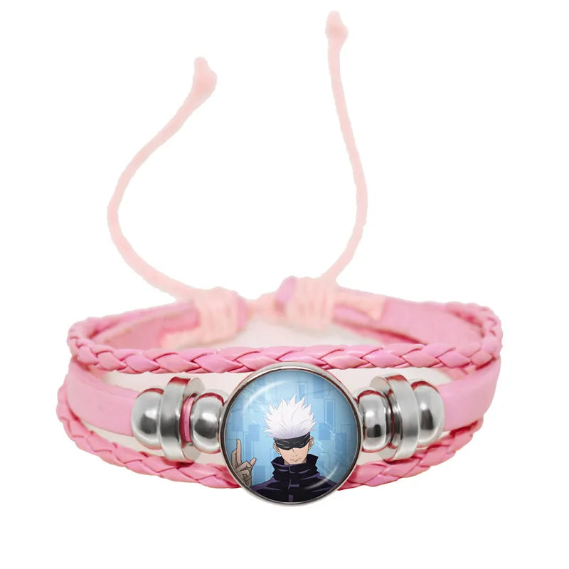 Bracelet Jujutsu Kaisen Kyoto rose tressé, cabochon rond portrait cheveux blancs, finitions argentées