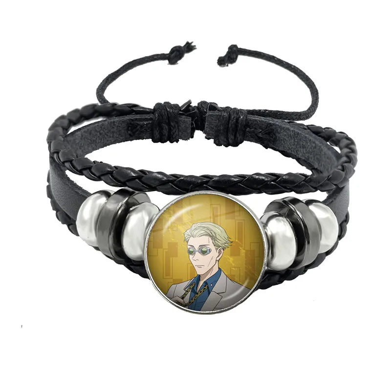 Bracelet Jujutsu Kaisen Kyoto noir tressé, cabochon rond portrait lunettes, cordon ajustable