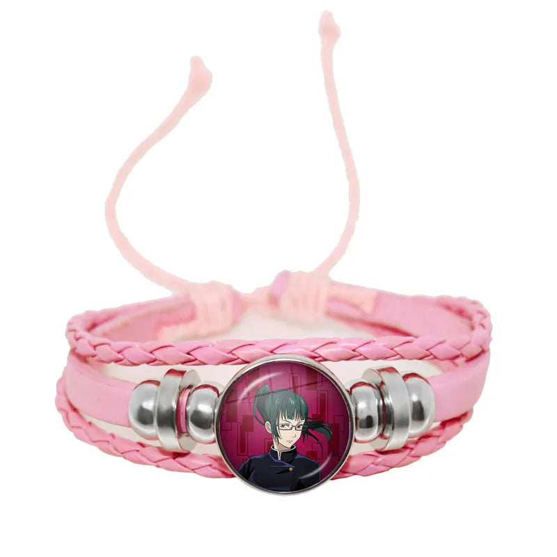 Bracelet Jujutsu Kaisen Kyoto rose tressé, cabochon rond portrait cheveux verts, finitions argentées