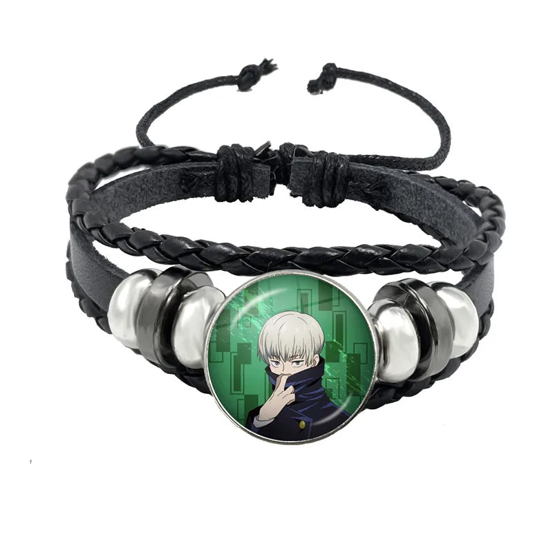 Bracelet Jujutsu Kaisen Kyoto noir tressé, cabochon rond portrait cheveux blancs, cordon ajustable