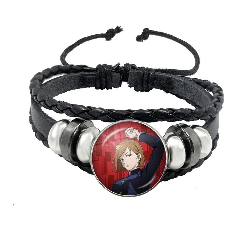 Bracelet Jujutsu Kaisen Kyoto noir tressé, cabochon rond portrait blond, finitions argentées