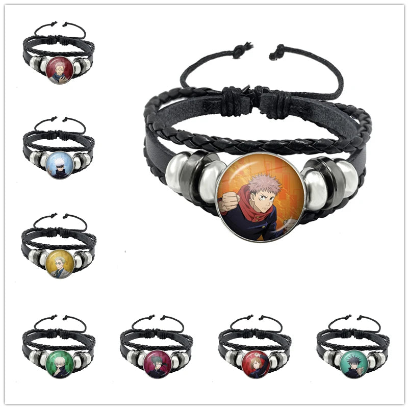 Bracelet Jujutsu Kaisen Kyoto noir tressé, cabochon rond portrait anime, finitions argentées