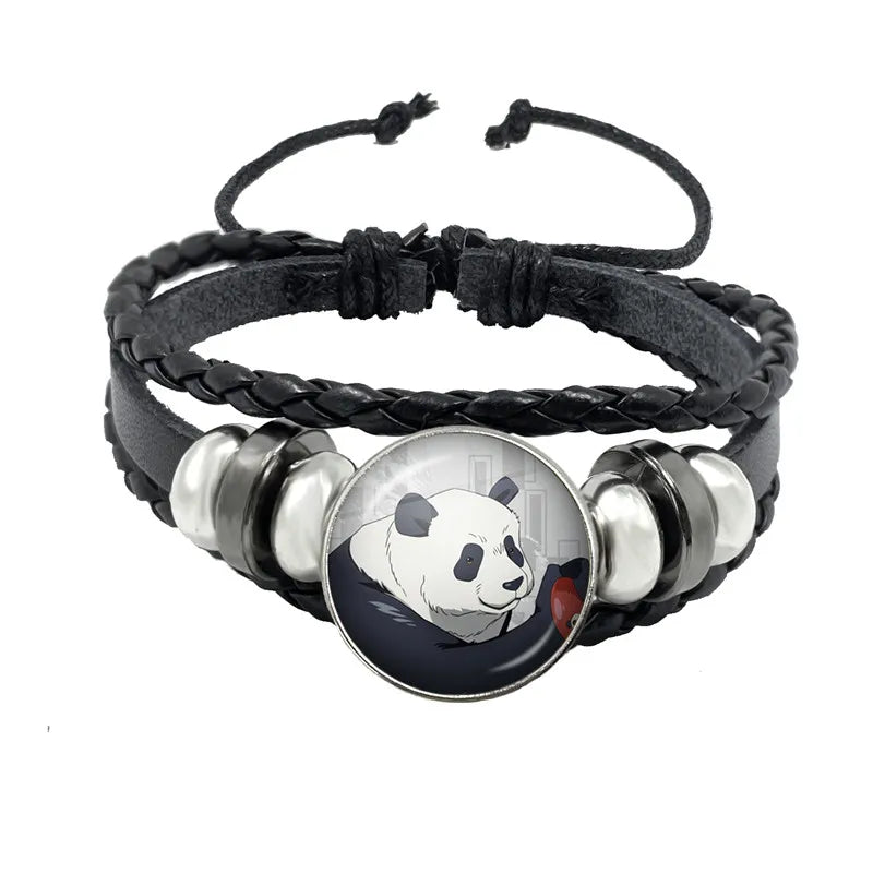 Bracelet Jujutsu Kaisen Kyoto noir tressé, cabochon rond panda, cordon ajustable