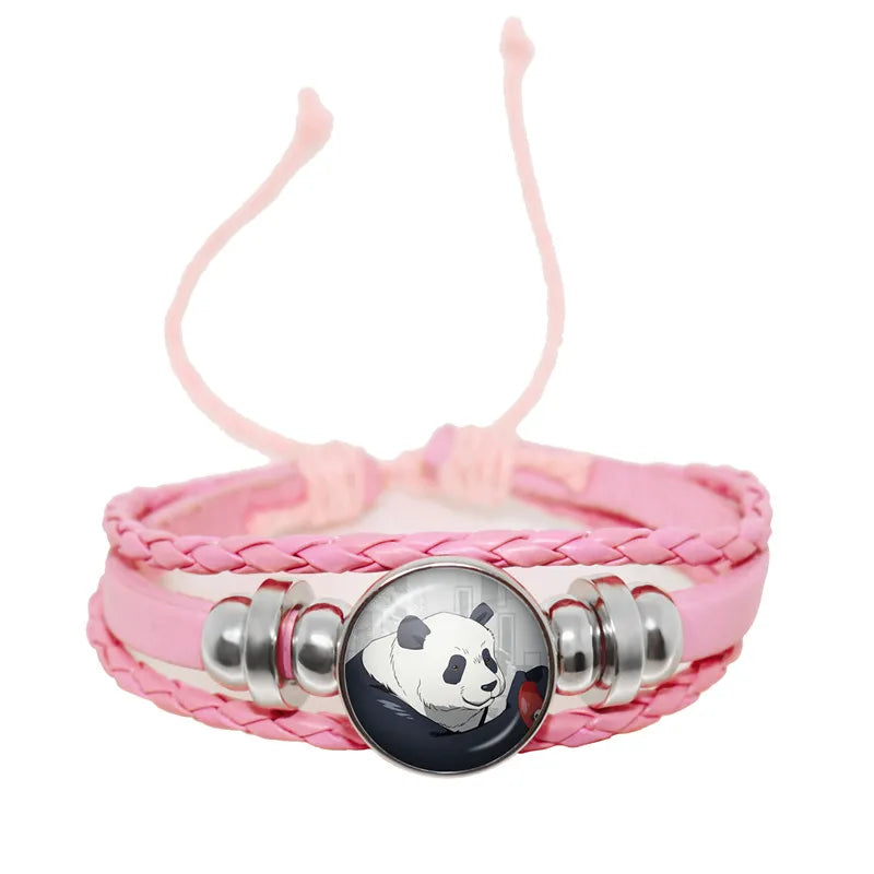 Bracelet tressé rose avec pendentif rond panda et anneaux métalliques argentés