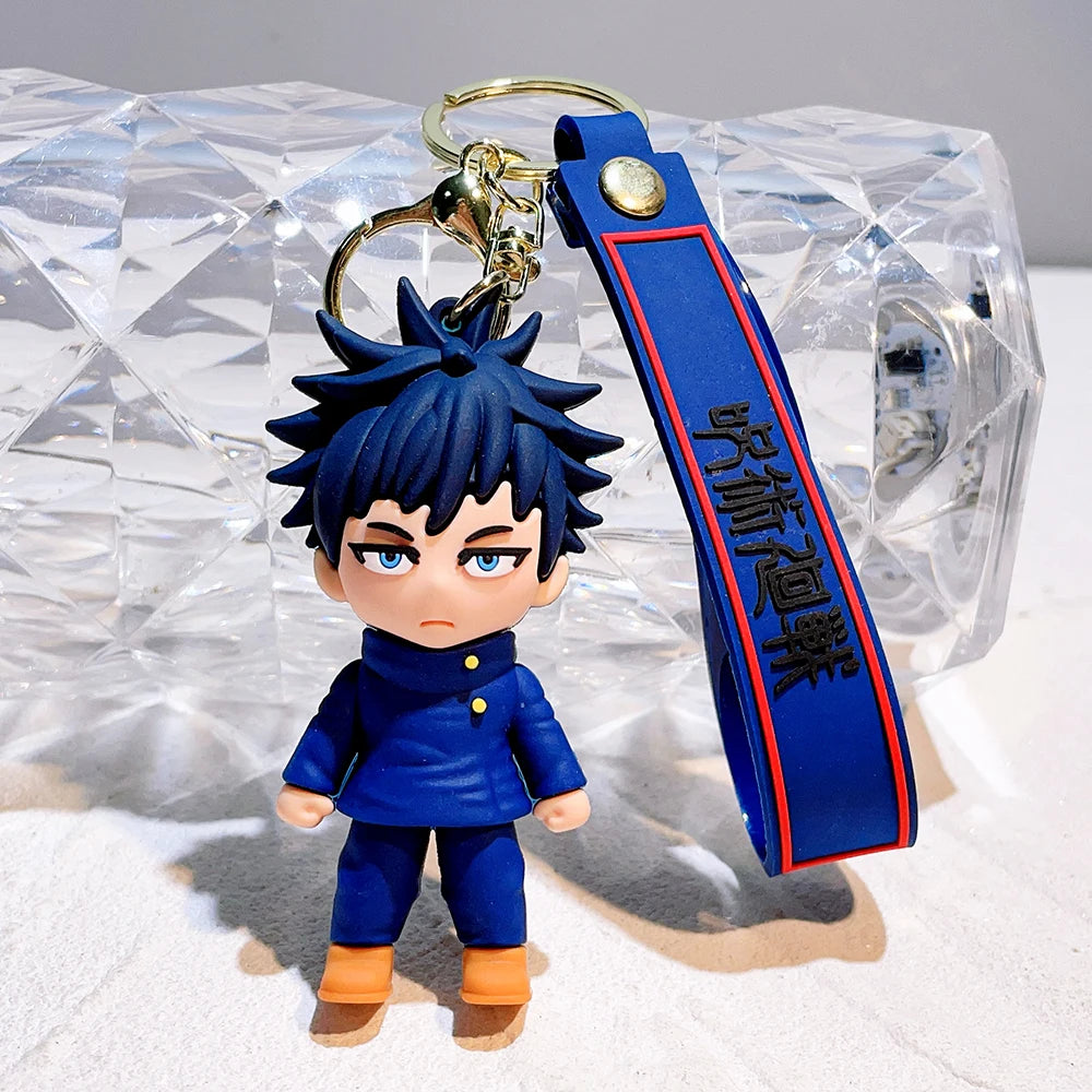 Porte-clé à lanière bleue avec personnage Megumi, anneau doré et breloque