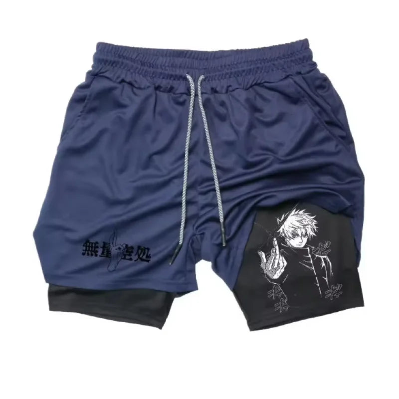 Short bleu marine avec cordon, imprimé manga noir sur la jambe