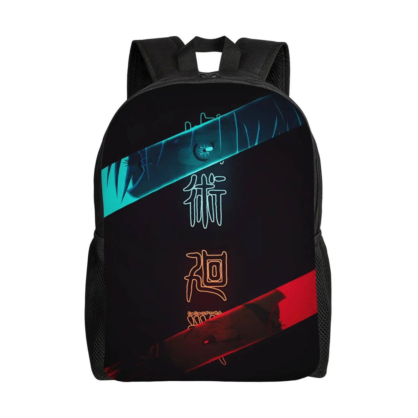 Sac à dos noir avec motifs néon multicolores et poche zippée frontale