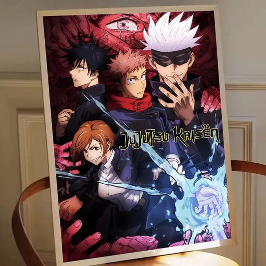 Poster encadré Jujutsu Kaisen avec personnages et logo lumineux bleu/rose.