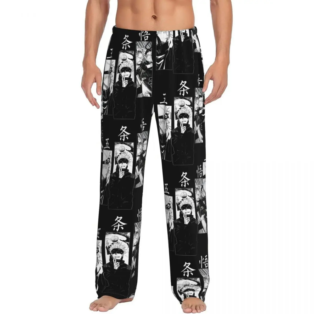 Black pajama pants with manga-style character panels and Japanese text, wide-leg